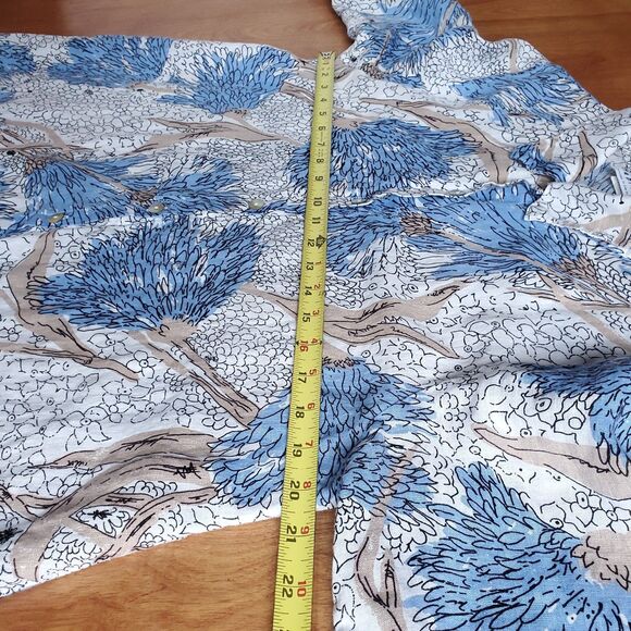 Habitat 100% Linen Top Sz M White Blue Floral Button Up Lagenlook Coastal Beachy - Picture 9 of 10